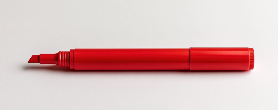 Red marker pen lying horizontally on white background
