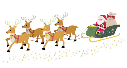 Fototapeta premium キラキラした手描きの星とソリに乗ったサンタクロースのクリスマスのイラスト素材