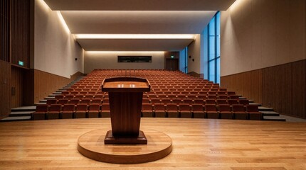 Obraz premium Empty modern auditorium with tiered seating and a wooden podium ready for presentation or speech. Architectural lighting illuminates the refined interior space.