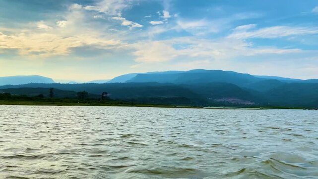 The Dhalai River with the Khasi Hills and Meghalaya hill range at Sada Pathor in Sylhet, Bangladesh, visible along the nearby border landscape