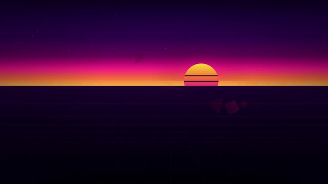 Retro sunset looping background with a stylized gradient sky and horizontal stripes