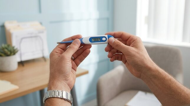 Man holding a digital thermometer showing 98.6 degrees Fahrenheit, implying normal body temperature, in a home or office setting.
