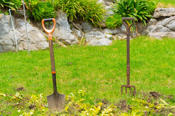 Gardening Tools. Agricultural concept. Farming season. Shovel and rake