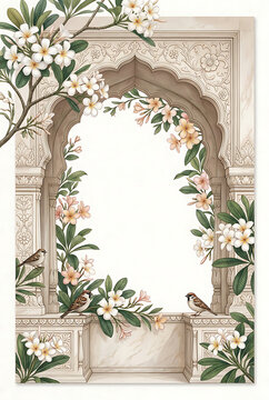 Elegant floral archway surrounding intricate marble window frame with blooming white and pink flowers and a small bird perched
