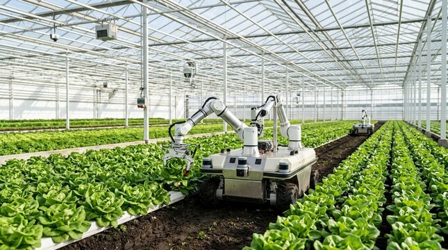 Autonomous agricultural robotic arm inspecting green fresh crops inside greenhouse representing smart farming innovation and modern agricultural technology