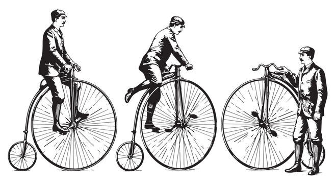 Antique engraving of a man riding a vintage high wheel penny farthing bicycle with old fashioned