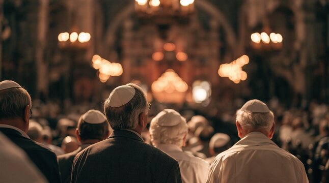 Congregation wearing kippahs inside synagogue facing altar