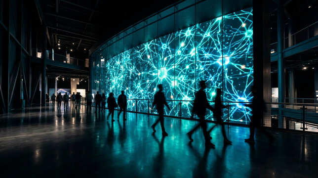 People walk past glowing abstract neural network display