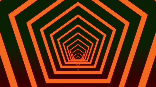 Glowing orange pentagon tunnel animation featuring seamless motion graphics created with digital light lines for modern background displays that travel through deep dark infinite space depth