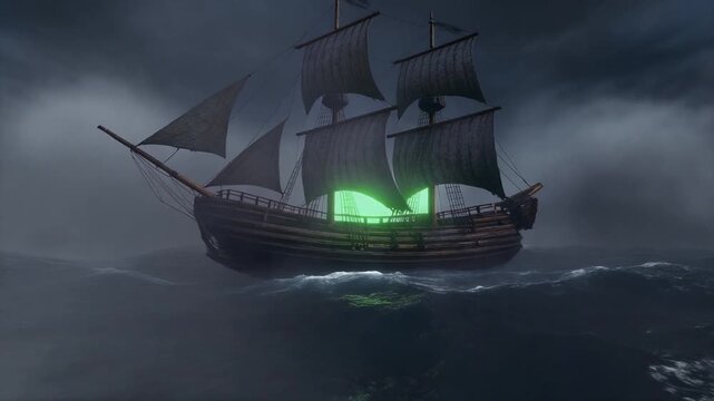 Atmospheric 3D animation of an ancient wooden phantom ship sailing on dark stormy ocean waves with glowing green light from its tattered sails for Halloween background assets.