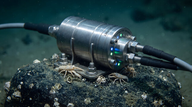 Scientific underwater sensor device mounted on ocean floor rock