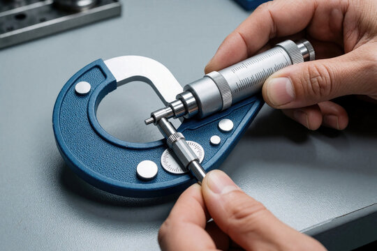 Person uses analog micrometer for precise measurement. Hand adjusts tool for accuracy on grey surface. Quality control check of roundness. Precision engineering for industry.