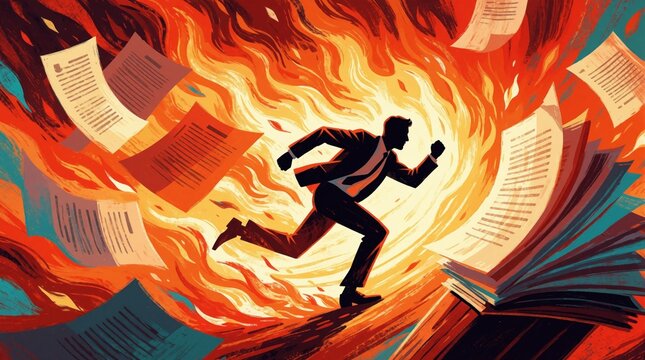 Stressed businessman runs away from massive fire, flying papers. Silhouette of man escapes burning documents during office crisis. Concept of workload pressure, burnout, deadline chaos in workplace.