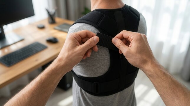 Person adjusting a posture corrector brace for back support, promoting better posture and spinal alignment in an office or home setting.