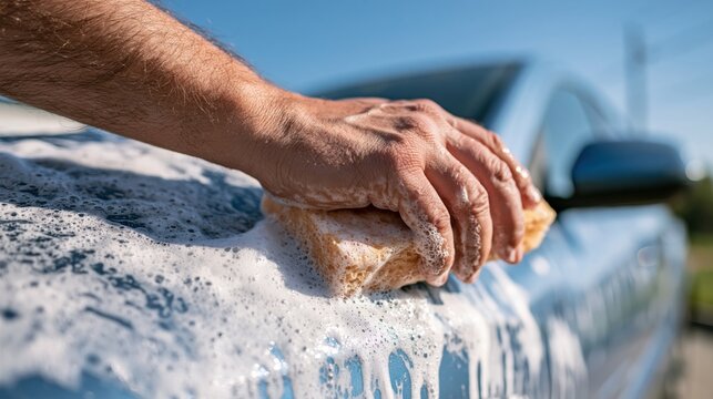 man washing car with soapy sponge on sunny