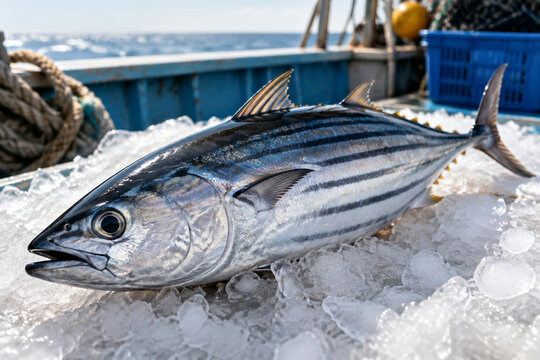 A freshly caught skipjack tuna on crushed ice on a fishing boat deck.
