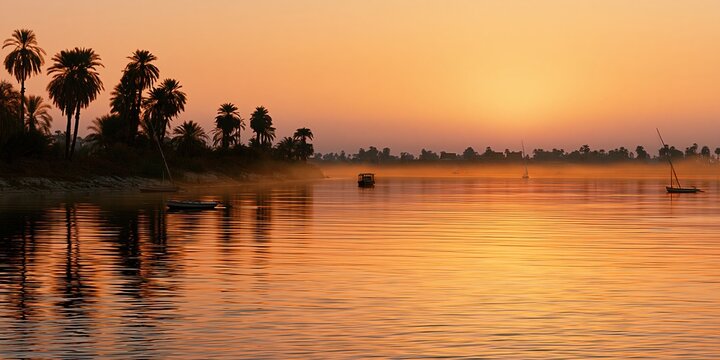 Nile river sunset with palm trees and boats