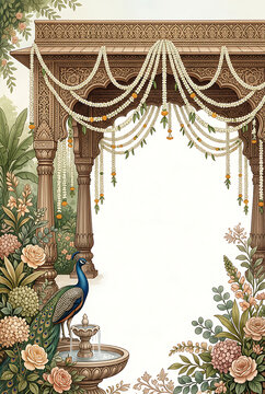 Elegant traditional Indian wedding mandap structure decorated with flowers and drapes for a grand ceremony setting 50 characters