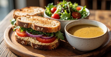 Fototapeta na wymiar Healthy lunch meal with tasty sandwich, warm soup, fresh green salad on wooden platter. Sourdough bread with tomato, onion, lettuce, hummus. Nutritious vegetarian food combo served in bowls for
