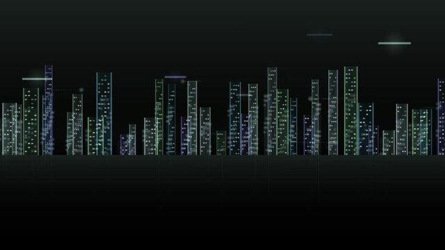 A sleek animated overlay of a futuristic city skyline with glowing digital windows, designed as a looping background.