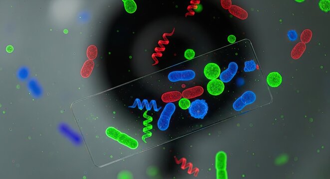 Microscopic image displays a diverse collection of bacteria, each labeled with distinct fluorescent colors. The bacteria exhibit various shapes and sizes, including rods, spirals, and spheres.