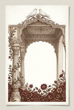 Elegant vintage-inspired decorative frame featuring intricate architectural details and lush floral accents with a symmetrical