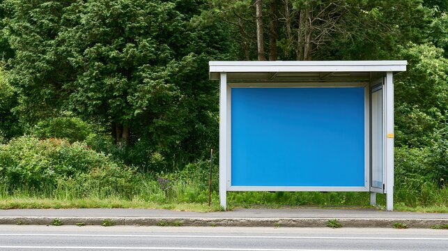 Empty bus shelter with blue ad panel beside