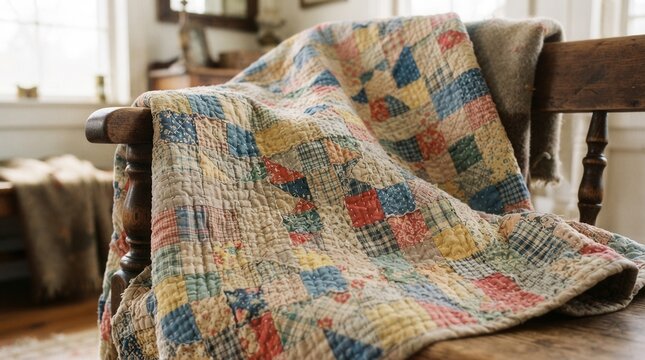 Cozy Vintage Patchwork Quilt Draped Over Antique Wooden Chair.