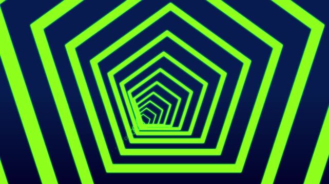 Neon green pentagonal geometric tunnel animation creating a continuous forward motion effect with vibrant glowing lines against a deep dark blue background in this digital footage