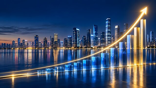 Glowing upward arrow and glass bar chart superimposed over a modern night city skyline reflecting economic growth and financial success