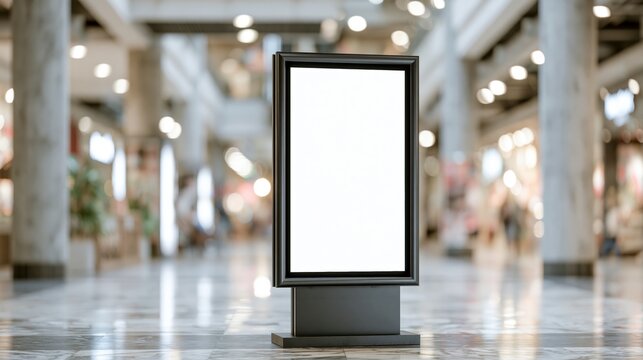 blank advertising display stand in shopping mall corridor