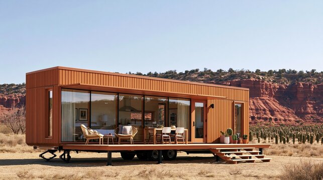 Modern tiny house on wheels in desert landscape