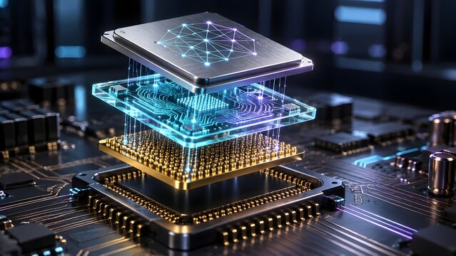 Deconstructed computer microchip hovering over a motherboard revealing glowing data layers and internal circuit architecture