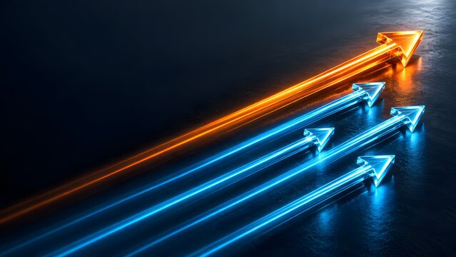 Golden glass arrow moving faster than blue arrows on a dark surface representing unique business strategy and competitive advantage