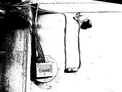 Black and White High Contrast Threshold Graphic Illustration of Electrical Panel, Wires, and Lamp Fitting on Wall