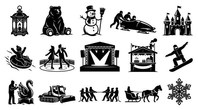 Winter Festival  Holiday Activities Icons Set - Black  White Glyph Vector Silhouettes