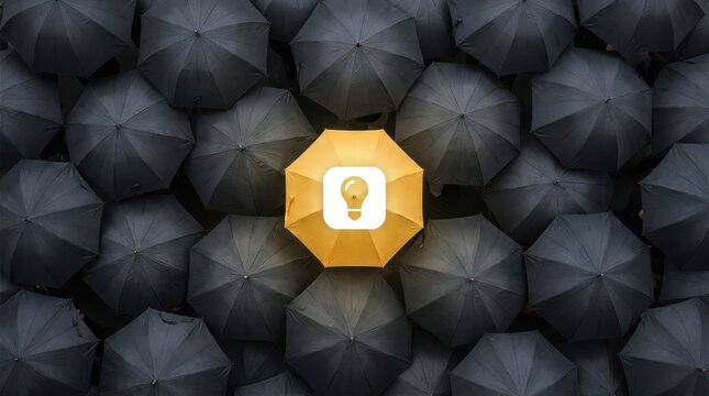 Vibrant yellow umbrella with light bulb icon stands out among a dense crowd of dark black umbrellas overhead.