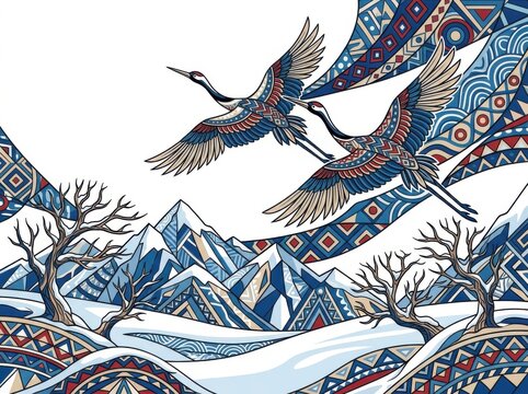Two cranes flying over snowy mountains with stylized trees and traditional geometric patterns in blue, red, and white color palette