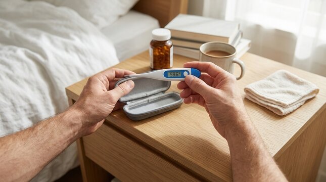 Person holding a digital thermometer displaying a temperature of 98.6?F next to a bedside table with medication and a drink.