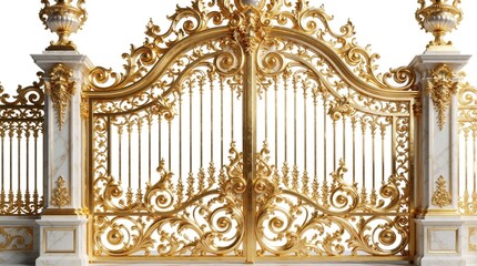Fototapeta premium Ornate golden gates with marble pillars stand as divine entrance. Intricate metalwork shows scrolls and floral patterns. Celestial architecture implies heaven or paradise.