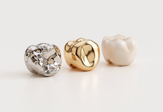 Three metallic molar teeth models on white background