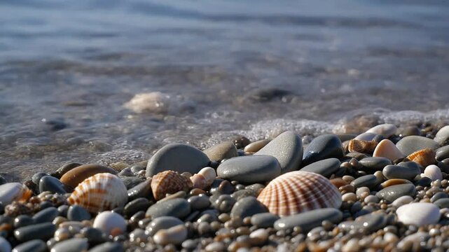 Cinematic slow motion close-up of gentle ocean waves washing over smooth pebbles and sea shells on a serene beach shore.
