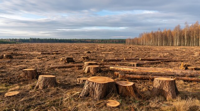 Deforested landscape with tree stumps and logs under