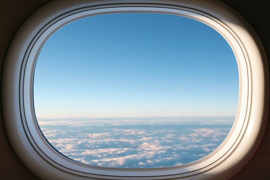 Blue sky and clouds seen through oval airplane
