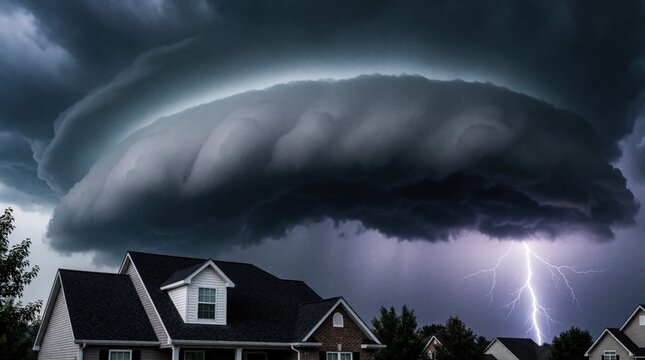 Massive shelf cloud looms over houses as lightning strikes during a powerful thunderstorm. Approaching storm front with dark ominous clouds and intense electrical discharge over residential area.