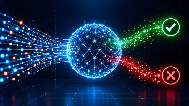 Data processing and decision making concept with digital network sphere sorting information into approved green checkmark and rejected red cross.