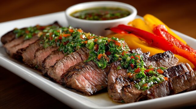 Flank steak grilled and sliced against the grain served with chimichurri sauce and roasted bell peppers