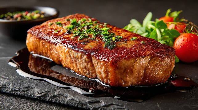 Juicy New York strip steak with a golden crust served on a black slate plate with red wine sauce elegant