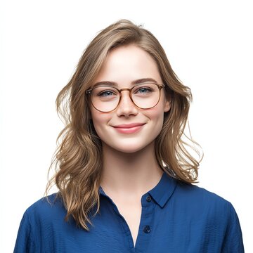 Portrait of female programmer wearing glasses smiling studio lighting 100% white background