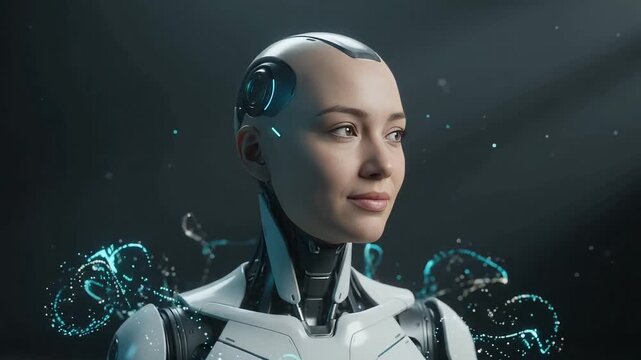 Particles assemble into female AI android turning head in dark studio